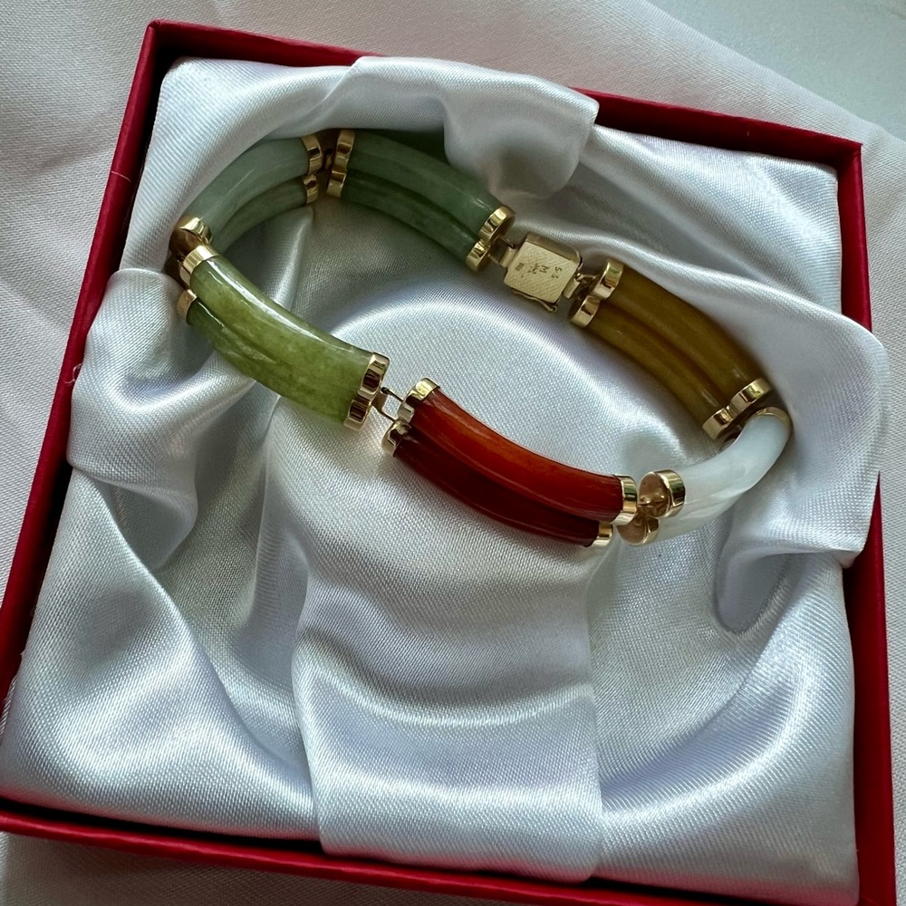 Elegant Multicolor Jade Bracelet Double row. 14k, W 595, 21.0g, 7.25” circumfer - Picture 2 of 11